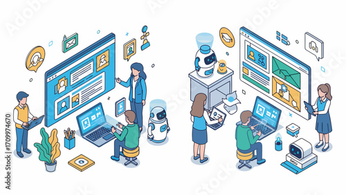 Team collaborates with robots on project using laptops and tablets in modern office, showcasing teamwork and technological integration.