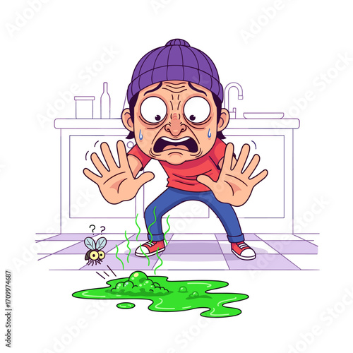 Man recoiling from smelly green mess on floor