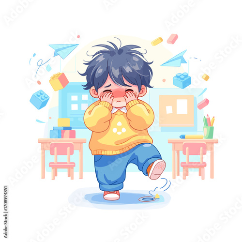 Crying little boy in kindergarten