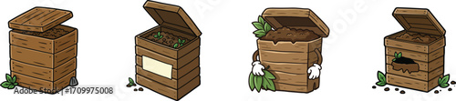 Collection of four vintage wooden ammunition crates in different states of open and closed showcasing cargo and details with a textured appearance vector