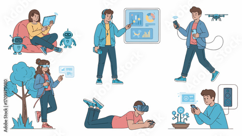 People interact with various technology devices in modern home, showcasing convenience and connectivity, creating a futuristic and innovative atmosphere.