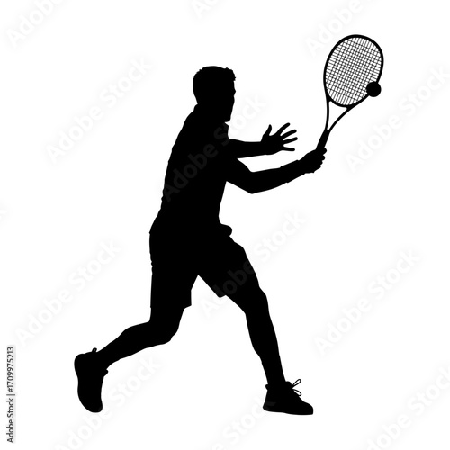 Tennis player hitting ball silhouette isolated on white background