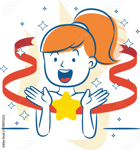 Excited woman celebrating achievement with a glowing star and festive ribbon, radiating pure joy and success