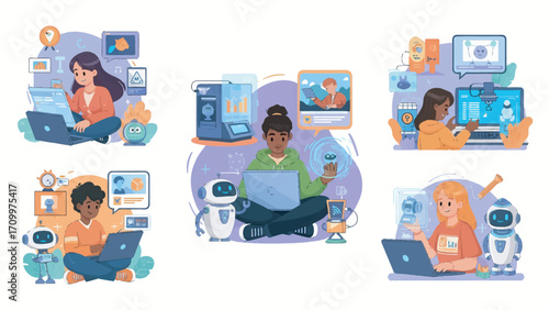 Diverse group of women working on laptops with robots in a modern workspace, showcasing collaboration and technology with a bright and optimistic theme.