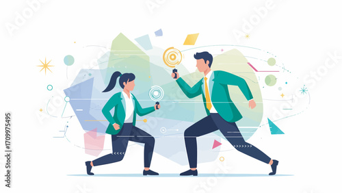 Business people dueling with magnifying glasses in abstract office environment, symbolizing competition and strategic analysis in a modern, dynamic setting.