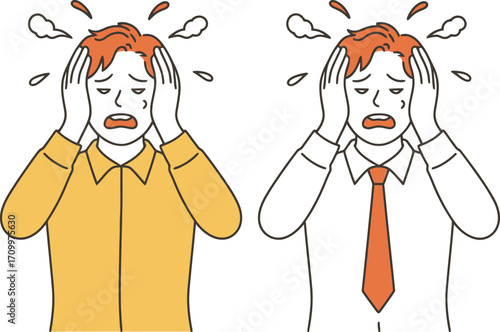 Two stressed businessmen holding heads in despair, conveying intense pressure and overwhelm