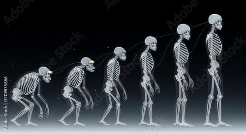 Human Evolution X-Ray Sequence - A captivating x-ray illustration depicting the stages of human evolution, symbolizing progress, adaptation, lineage, transformation, and development