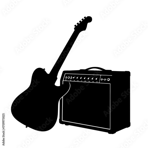 Electric guitar and amplifier silhouette isolated on white background