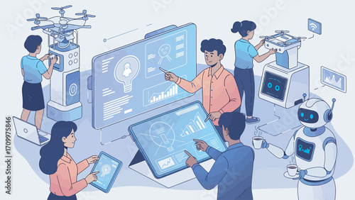 Team of engineers collaborating on futuristic technology projects in a modern lab, showcasing innovation and teamwork with a focus on robotics and AI.