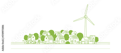 Eco-friendly city view, vector renewable energy, nature and surroundings.
Slim outline of a village home surrounded by lush trees, solar panels on the roof, an electric car with a charger