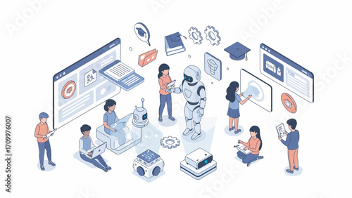 Students interact with robots and digital interfaces in a modern classroom, representing the future of education and technological advancement with a collaborative atmosphere.