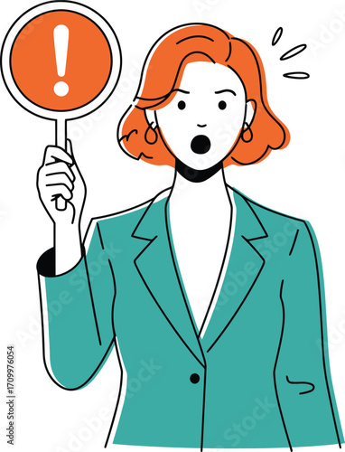 Surprised businesswoman holding exclamation mark sign for urgent warning or important announcement