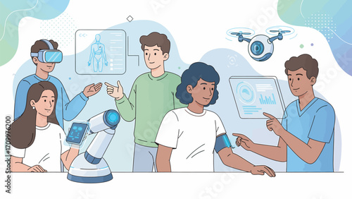 Diverse group of people interacting with various technological devices in a futuristic lab setting, showcasing innovation and collaboration, with a bright and optimistic mood.