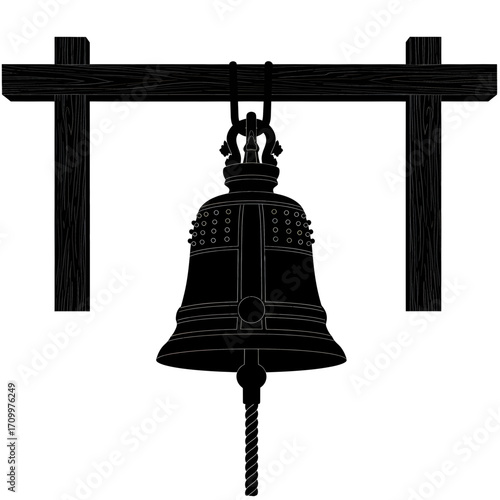 Traditional bell hanging from wooden frame silhouette isolated on white background