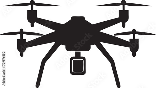 Black Silhouette of a Quadcopter Drone with Landing Gear and Camera System Ready for Aerial Photography and Videography
