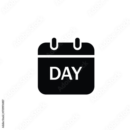 A minimalist black and white graphic of a calendar page with the word DAY prominently displayed. Represents a single day or a daily event.