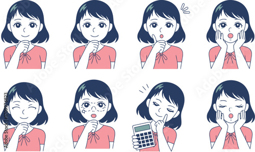 Young woman displays a variety of thoughtful, surprised, and happy expressions showing emotion and contemplation