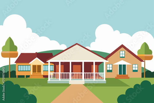 Vector illustration of three houses in a row with trees and clouds