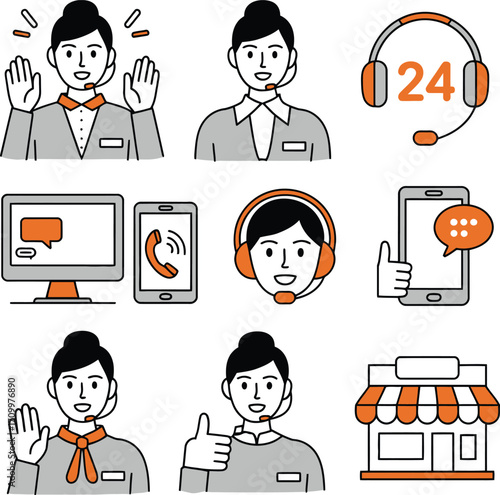 Friendly customer service icons show support, communication, and business solutions for any enterprise.