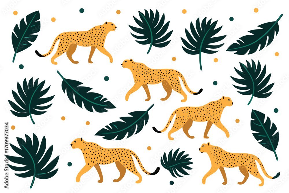 Fototapeta premium Cheetahs and Tropical Leaves Pattern leopard big cat