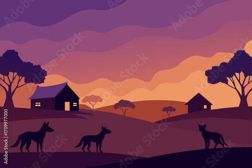Silhouette of dogs and houses on rolling hills at sunset