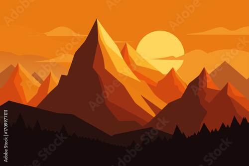 Geometric mountain landscape at sunset with warm orange hues