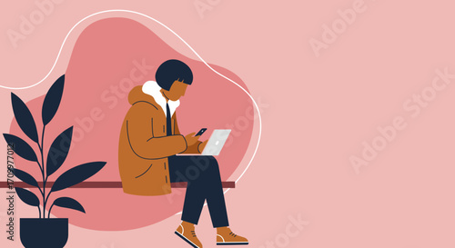 Person working comfortably on a laptop at home, highlighting remote work, freelancing, and digital connectivity in a modern, serene interior.