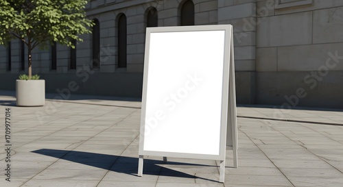 Outdoor blank A-frame advertising stand on a city sidewalk, ideal for a store sale, restaurant menu, or promotional mockup