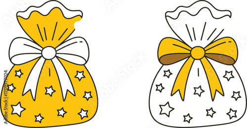 Two festive gift bags with charming star patterns and elegant bows, perfect for holiday celebrations