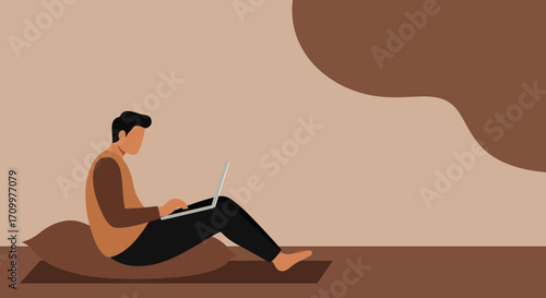Man working remotely from home, comfortably seated with a laptop. Illustrates freelance, distance education, or flexible lifestyle concepts.