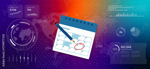 Digital dashboard calendar with marked date and a pencil illustration visualizes IT project management meeting scheduling event planning, and the importance of timeline