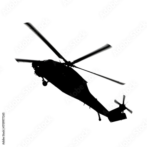 Black helicopter silhouette in flight isolated on white background