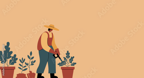 Man working on laptop at modern desk with plant and lamp, representing remote work, productivity, and online learning. Ideal for business and technology themes.
