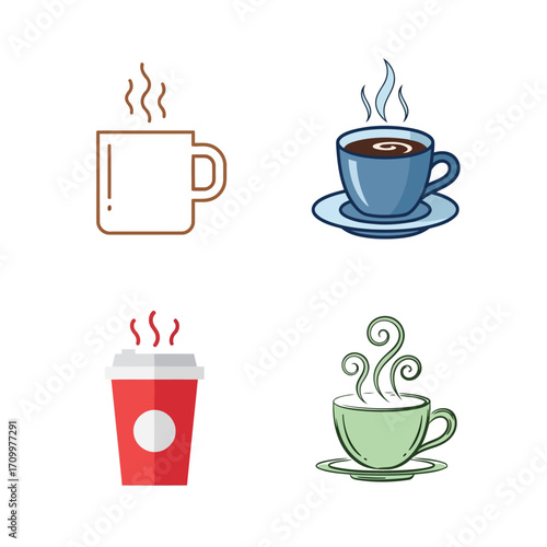 Vector art of collection of coffee cups with steam, represents hot beverages, caffeine, and the comfort of a warm drink