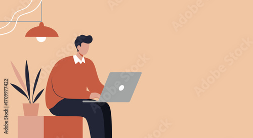 Man working diligently on a laptop in a modern, minimalist home or office setting, ideal for concepts like remote work, online learning, and digital productivity.