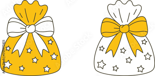 Two charming gift bags, one yellow with white ribbon, one white with yellow ribbon, both decorated with stars.
