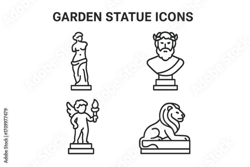 Garden Statue Icons – Elegant Vector Set of Outdoor Sculptures, Decorative Statues & Landscape Art Symbols