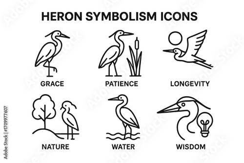 Heron Symbolism Icons – Elegant Vector Set of Spiritual Birds, Tranquility, Grace & Nature-Inspired Symbols