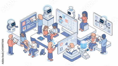 Diverse group of people collaborate with robots in a modern office, using digital screens and devices, showcasing teamwork and technological advancement.