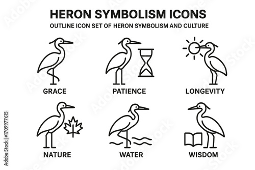"Heron Symbolism Outline Icon Set – Spirit Animal and Totem Meanings"