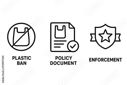 Plastic Ban Icons Set – Eco Policy, Environmental Law, Enforcement, No Plastic Bag Vector_simple_compose