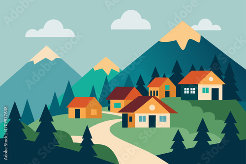 Cozy village nestled among mountains and pine trees