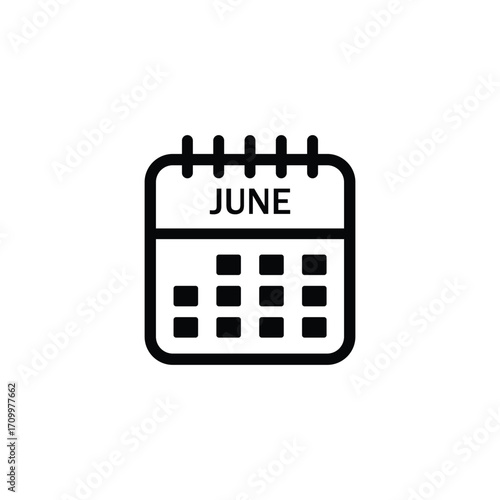 A minimalist black and white line drawing of a calendar page displaying the month of June with a grid of dates.