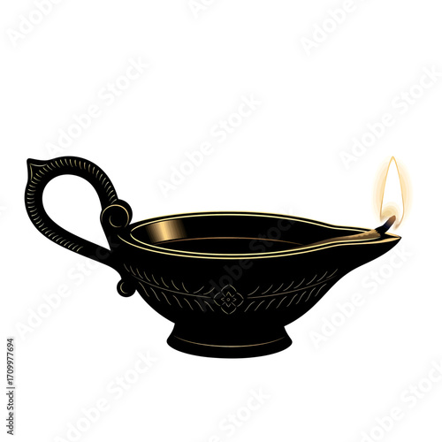 Ancient oil lamp silhouette with flame isolated on white background