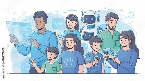 Diverse family interacts with technology and a robot in a modern home, showcasing the integration of AI and digital devices in everyday life.