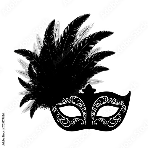 Black elegant masquerade mask with feathers silhouette isolated on white background