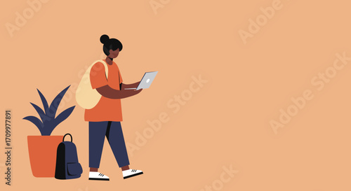 Bearded man working remotely, multitasking with a laptop and smartphone in a modern, casual setting. Ideal for business, tech, or lifestyle content.