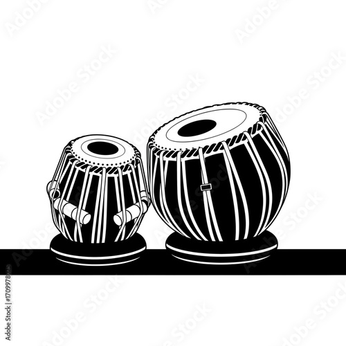 Two indian tabla drums silhouette isolated on white background