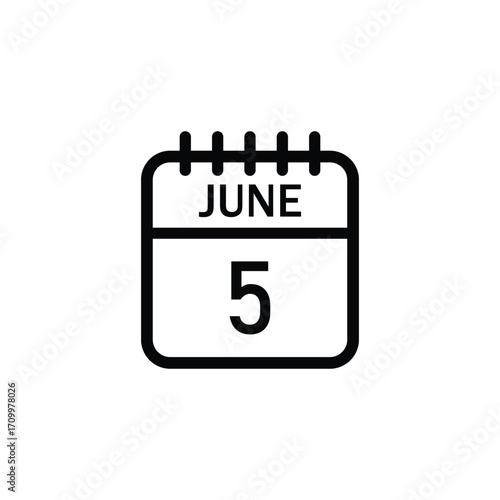 A minimalist black and white icon of a calendar page displaying the month of June and the number 5.