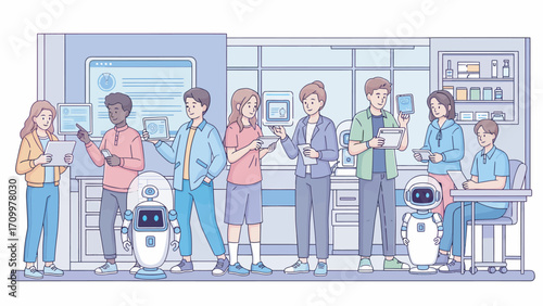 Students interact with robots and tablets in modern classroom, exploring technology and learning with enthusiasm and collaboration.